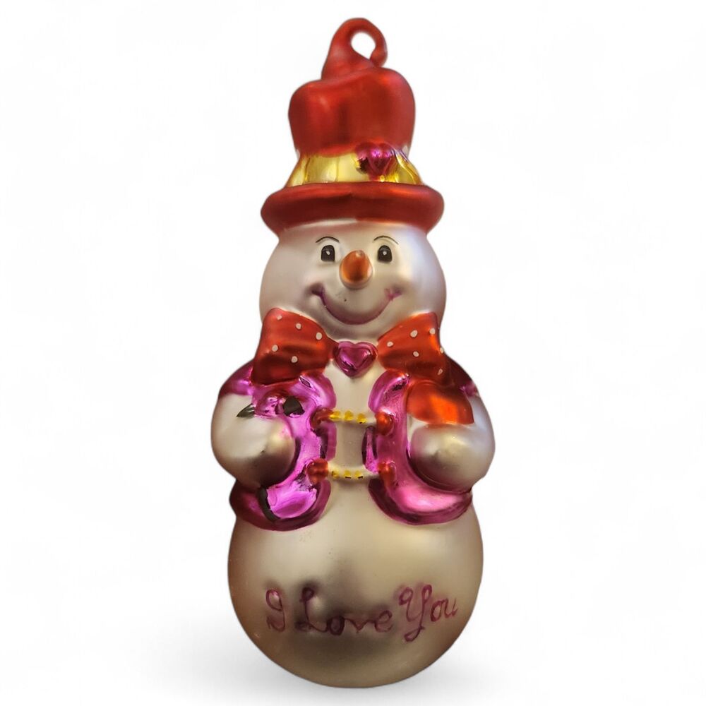 Vintage Glass Snowman Ornament Valentine I Love You Heart